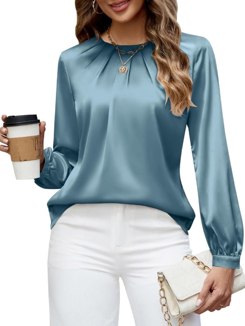Womens Dressy Business Casual Blouse Pleated Long Sleeve Tops Satin Silk Work Sh